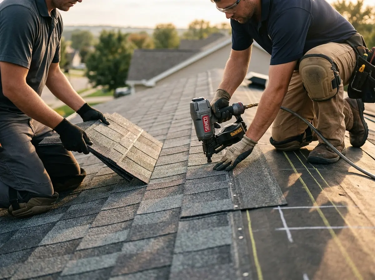 Professional roofer working on a residential roof in Monahans